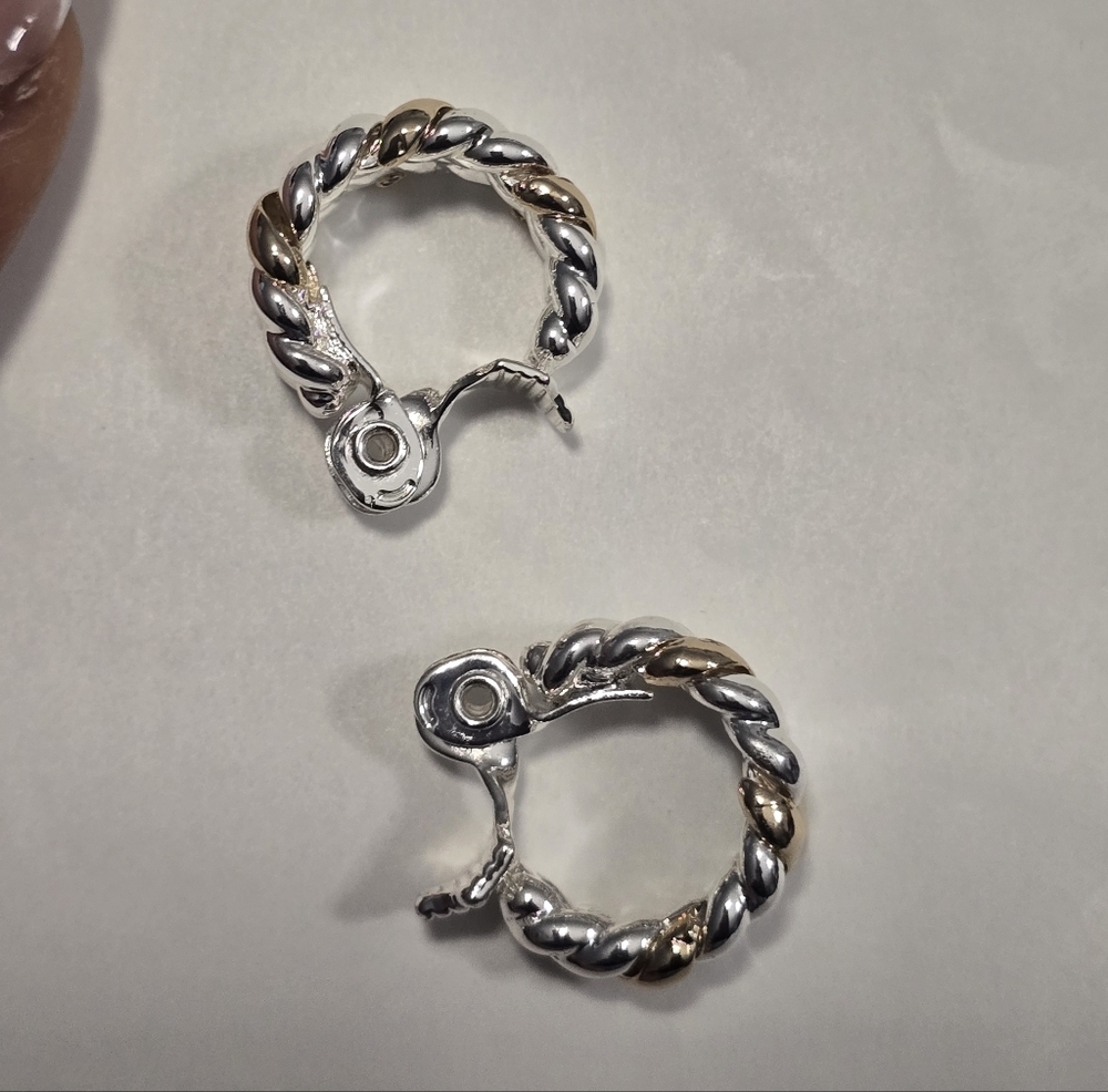 Macys Silver and Gold Twisted Hoop Earrings Stainless Steel New Hinged